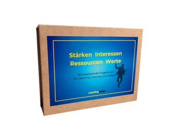 May include: A rectangular box with a blue and yellow label. The label has the text "Stärken Interessen Ressourcen Werte" and "60 inspirierende Fragekarten für Coaching, Training und Reflexion". A silhouette of a person is on the label.