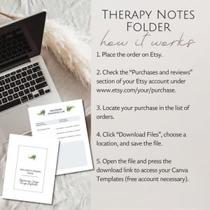Peut inclure: Un ordinateur portable et deux documents papier blancs avec des illustrations de foug&egrave;res vertes. Les documents indiquent "Progress Tracking Log" et "Wellness of Therapy Notes". Le texte explique comment t&eacute;l&eacute;charger les mod&egrave;les Canva.