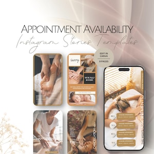 Op de afbeelding: Acht Instagram-story-sjablonen voor de beschikbaarheid van afspraken in een spa of massagesalon. De sjablonen bevatten afbeeldingen van masseurs en klanten en bevatten tekst zoals "Sorry, we zijn volgeboekt", "Afspraken van deze week" en "Annuleringsbeleid".