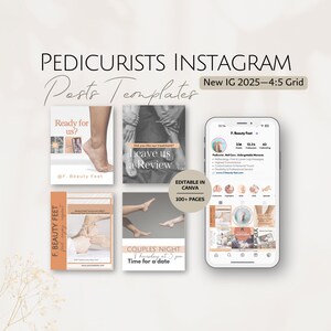 Peut inclure: Image promotionnelle pour Instagram de pédicures, avec des modèles de publications. Le design comprend des exemples de publications avec des images de pieds, du texte et une maquette de téléphone affichant un profil. Le texte comprend "Ready for us?" et "Couples Night".