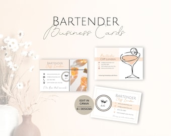 May include: A set of eight customizable bartender business card templates featuring a cocktail glass design. The cards are editable in Canva and feature a peach and cream color scheme.