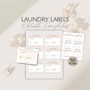 May include: A set of 90 editable laundry labels in a light gray and peach color scheme. The labels feature various phrases such as "Crisp & Clean", "Neatly Folded", "Spotless Clean", "Friendly Service", and "Eco-Friendly". Each label has space for a business name, customer name, bag number, and weight.