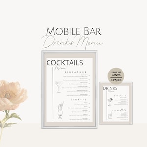 May include: A printable mobile bar drinks menu template with a beige background. The menu is divided into three sections: Cocktails, Mocktails, and Non-Alcoholic. The text "EDIT IN CANVA 4 PAGES" is in the top right corner.