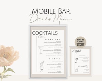 Mobile Bar Drinks Menu Templates, Editable Bartend Cocktails Pricing Info, Customizable Professional Bartender Price List, Barman Business