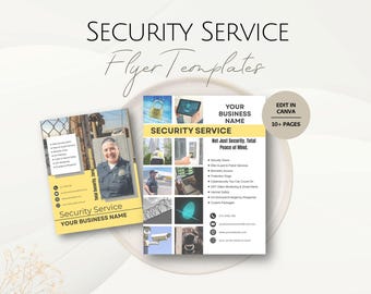 Könnte beinhalten: Eine Flyer-Vorlage für einen Sicherheitsdienst mit zwei Beispieldesigns. Die Flyer zeigen den Text "Security Service" und "Your Business Name". Ein Design zeigt ein Foto eines Sicherheitsbeamten. Das andere Design hat sicherheitsbezogene Symbole und Text.