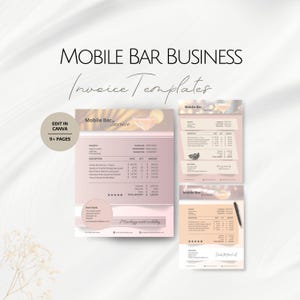 May include: A digital template for a mobile bar business invoice. The design features a soft pink and white color scheme with a cocktail illustration. The text includes "Mobile Bar Business" and "Invoice Templates".