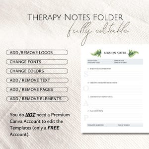 Peut inclure: Un mod&egrave;le de dossier de notes de th&eacute;rapie blanc avec le texte "THERAPY NOTES FOLDER fully editable". Comprend des options pour ajouter/supprimer des logos, modifier les polices et les couleurs, et modifier le texte, les pages et les &eacute;l&eacute;ments. Le mod&egrave;le comprend &eacute;galement une section pour les notes de session.