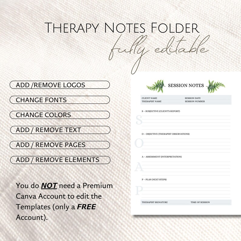 Peut inclure: Un mod&egrave;le de dossier de notes de th&eacute;rapie blanc avec le texte "THERAPY NOTES FOLDER fully editable". Comprend des options pour ajouter/supprimer des logos, modifier les polices et les couleurs, et modifier le texte, les pages et les &eacute;l&eacute;ments. Le mod&egrave;le comprend &eacute;galement une section pour les notes de session.