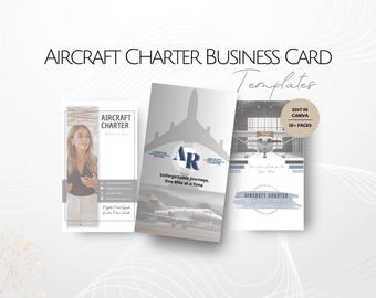 Plantillas de tarjetas de presentación para vuelos chárter verticales, tarjetas de información editables para vuelos chárter privados, plantillas personalizables, conjunto de aviones profesionales.