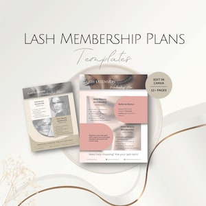 Può includere: Un'immagine promozionale per i piani di abbonamento alle extension ciglia. L'immagine presenta due volantini con testo come "Lash Extension" e "Membership Plan". I volantini hanno una combinazione di colori rosa chiaro e beige. Il testo "LASH MEMBERSHIP PLANS Templates" è in alto.