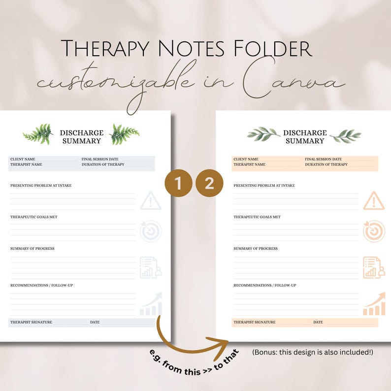 Peut inclure: Pr&eacute;sentation de deux pages d'un dossier de notes de th&eacute;rapie, personnalisable dans Canva. La conception comprend un "R&eacute;sum&eacute; de sortie" avec des champs pour les informations sur le client et le th&eacute;rapeute, les probl&egrave;mes, les objectifs, les progr&egrave;s et les recommandations. Le texte "e.g. from this >> to that" est &eacute;galement inclus.
