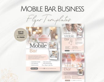 May include: A promotional image for a mobile bar business, featuring flyer templates. The design includes a pink cocktail, photos, and the text "Mobile Bar" and "Edit in Canva". The flyers showcase event services.