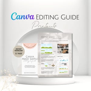 May include: A white and light pink Canva editing guide titled "Canva Editing Guide Printouts" with the text "Canva Made Simple Editing Guide". The guide includes the text "Instant Download 11+ Pages".