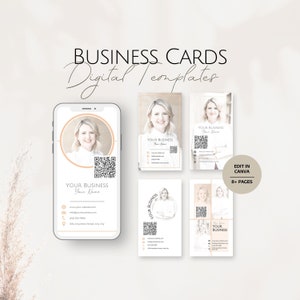 Sjablonen voor kleine Instagram-visitekaartjes voor 2024, professionele QR-codekaarten voor sociale media, bewerkbare beige digitale Canva IG-servicesjabloon