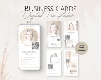 Plantillas de tarjetas de presentación pequeñas de Instagram 2024, tarjetas profesionales con código QR para redes sociales, plantilla digital editable en beige de Canva para Instagram.