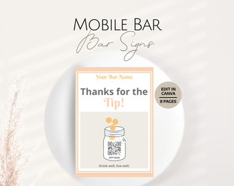 Mobile Bar Signs Templates, Editable Bartend Payment Options Templates, Customizable Professional Bartender Brand Barman Business Tipping