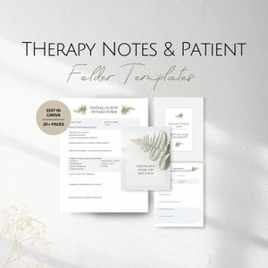 Op de afbeelding: Een verzameling therapienotities en sjablonen voor patiëntmappen. De sjablonen omvatten een intakeformulier voor de eerste cliënt, notities over welzijn in therapie en een maandelijks crisisbeoordelingsformulier. Het ontwerp bevat varenillustraties.
