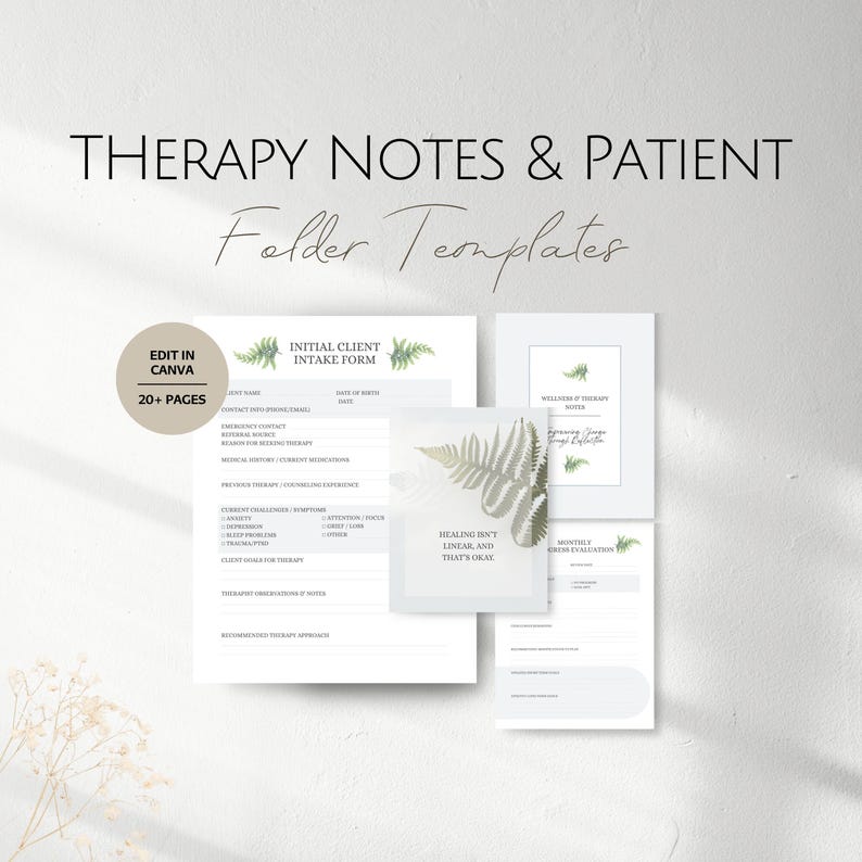 Peut inclure: Ensemble de mod&egrave;les de notes de th&eacute;rapie et de dossiers patients. Les mod&egrave;les comprennent un formulaire de prise en charge initiale du client, des notes de bien-&ecirc;tre th&eacute;rapeutique et un formulaire d'&eacute;valuation mensuelle des crises. Le design pr&eacute;sente des illustrations de foug&egrave;res.