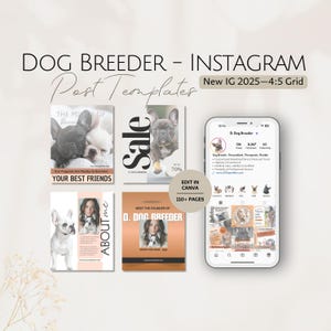 Può includere: Modelli di post di Instagram per allevatori di cani. Il design include vari layout con immagini di bulldog francesi, un mockup di telefono e testo che recita "Sale" e "About Me". I modelli sono modificabili in Canva.