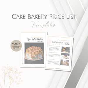 Modelo de lista de preços de negócios de bolos, modelos de menu de preços de padeiros editáveis, arquivo de serviços de padaria profissional, taxas de bolos de casamento para impressão