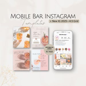 Modelos de Instagram para Bar Móvel, Postagens de Mídia Social para Bartenders, Pacote IG para Bartenders Profissionais, Negócios de Bartending Editáveis, Pacotes Canva
