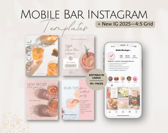 Plantillas de Instagram para bares móviles, publicaciones en redes sociales de bartenders, paquete de Instagram para bartenders profesionales, negocio de bartenders editable, paquetes de Canva