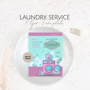 Folleto editable de servicio de lavandería, plantilla publicitaria de Canva para lavandería, lavandería personalizable, folletos profesionales de lavado y plegado para negocios.