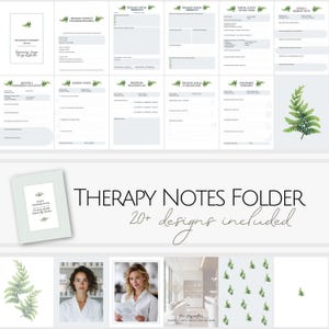 Peut inclure: Ensemble de notes et formulaires de th&eacute;rapie, dont un dossier avec le texte "Therapy Notes Folder" et "20+ designs included". Les formulaires ont des accents de foug&egrave;re verte. Images suppl&eacute;mentaires : une foug&egrave;re et deux femmes.