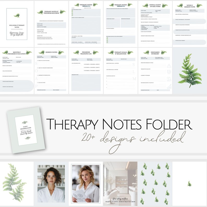 Peut inclure: Ensemble de notes et formulaires de th&eacute;rapie, dont un dossier avec le texte "Therapy Notes Folder" et "20+ designs included". Les formulaires ont des accents de foug&egrave;re verte. Images suppl&eacute;mentaires : une foug&egrave;re et deux femmes.