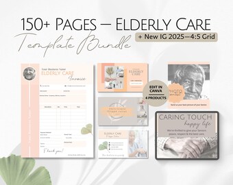 Elderly Care VALUE Templates Set, Elder Caregiver Instagram Template, Professional Senior Editable IG Post Business Card Form Story Bundle