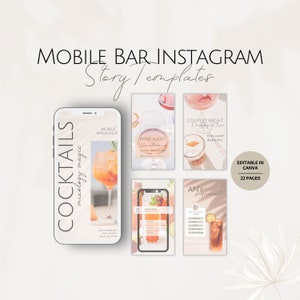 Histórias do Instagram para Bares Móveis, Modelos de Mídias Sociais para Bartenders, Conjunto de Instagram para Bartenders Profissionais, Negócios de Bartending Editáveis, Pacotes Canva