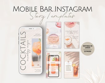 Puede incluir: Un conjunto de 22 plantillas de historias de Instagram para un bar móvil. Las plantillas presentan una variedad de diseños, que incluyen cócteles, vino y noche de parejas. Las plantillas son editables en Canva.