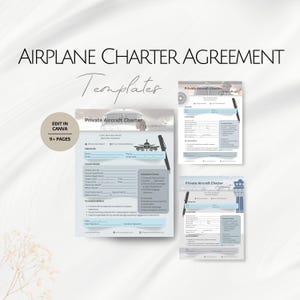 Puede incluir: Una plantilla de acuerdo de alquiler de avión azul claro y blanco con el texto "Airplane Charter Agreement Templates". La plantilla incluye secciones para la información del cliente, los detalles del alquiler y los términos y condiciones. También es visible el texto "Edit in Canva" y "9+ Pages".