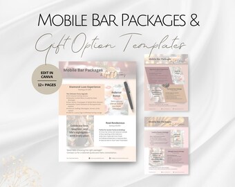Plantillas de paquetes para eventos de bar móvil, plantilla editable con resumen de opciones de regalos para empresas de barman, ofertas para organizaciones profesionales de barman.