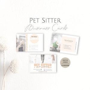 Plantillas de tarjetas de presentación para cuidadores de mascotas, diseño editable de tarjetas informativas para el cuidado de gatos, perros y aves, plantilla personalizable para servicio profesional de cuidado de animales.