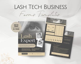 Plantillas comerciales de Lash Tech, Acuerdo de consentimiento de consulta editable, Guía de estilo para el mapeo de pestañas, Formularios de servicio profesional de Lashes Expert