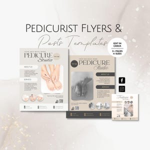 May include: Two flyers for a pedicure studio with the text "Pedicure Studio" and images of feet. The flyers are beige and black with a QR code and social media icons. The text "Edit in Canva" and "3+ Pages 4 Sizes" is at the top of the image.