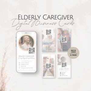 Tarjeta de presentación de Instagram para cuidadores de ancianos, plantillas digitales para el cuidado de personas mayores, información de Instagram sobre servicios profesionales para personas mayores, código QR editable para redes sociales sobre envejecimiento.