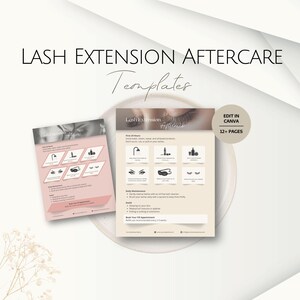 Może przedstawiać: Dwa różowe i białe szablony z tekstem "Lash Extension Aftercare Templates". Szablony zawierają ilustracje i tekst dotyczące pielęgnacji przedłużonych rzęs. Szablony znajdują się na białym talerzu z białym tłem. Widoczny jest również tekst "Edit in Canva 12+ Pages".