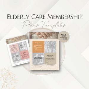 Peut inclure: Image promotionnelle pour les plans d'adhésion aux soins aux personnes âgées. L'image présente deux brochures avec du texte, notamment "Elderly Care" et "Gold Care Plan". Le texte "EDIT IN CANVA" et "4+ PAGES" sont également visibles.