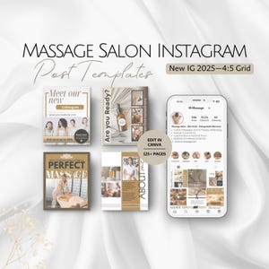 May include: Instagram post templates for a massage salon. The design includes several sample posts with text like "Meet our new Colleagues" and "Perfect Massage." A phone displays a salon's Instagram profile. The templates are editable in Canva.