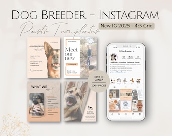 Plantillas de publicaciones de Instagram para criadores de perros, experto en cría de perros, publicaciones editables para redes sociales, marketing empresarial especializado en pastores profesionales.