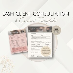 Può includere: Modelli rosa e bianchi di consultazione e consenso per clienti di ciglia. I modelli includono informazioni sul cliente, anamnesi e moduli di consenso. L'immagine include anche il testo "Edit in Canva" e "10+ Pages".