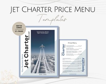 Private Aircraft Charter Price List, Pricing Menu Templates, Jet Charters Professional Template, Aviation Package, Airplane Service Brochure