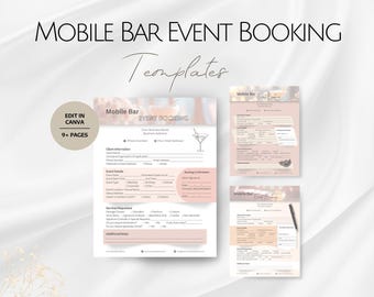 Plantillas de reserva de eventos para bares móviles, plantilla editable de servicio de barman, formulario de reserva de eventos para organización de barman profesional, Canva
