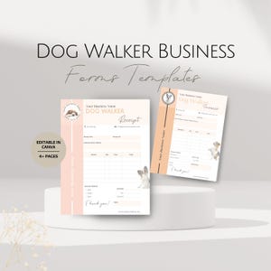 May include: Dog walker business forms templates. The design features a receipt and invoice template with a peach and white color scheme. The templates include dog illustrations and the text "Dog Walker" and "Thank you!"