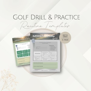 May include: Two golf drill and practice routine templates are displayed on a white plate. The templates are white and green with the text "Golf Drill & Practice Routine Guide". The text "EDIT IN CANVA" and "4+ PAGES" are also visible.