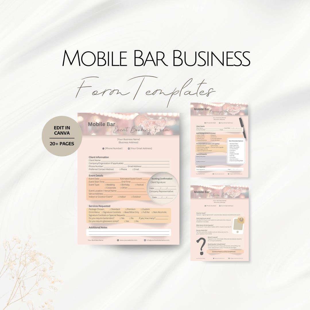 Mobile Bar Business Forms Templates, Editable Bartending Service Form ...