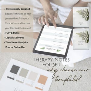 Peut inclure: Une tablette num&eacute;rique affichant un mod&egrave;le de notes de th&eacute;rapie, avec des mod&egrave;les imprim&eacute;s et une palette de couleurs. La tablette affiche "Weekly Session Note". L'image comprend &eacute;galement le texte "Therapy Notes Folder" et "why choose our templates?"