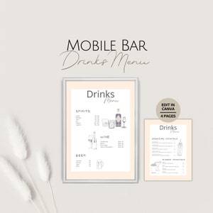 Modèles de menu de boissons pour bar mobile, informations modifiables sur les prix des cocktails au bar, barman professionnel personnalisable, modèle d&#39;entreprise de barman